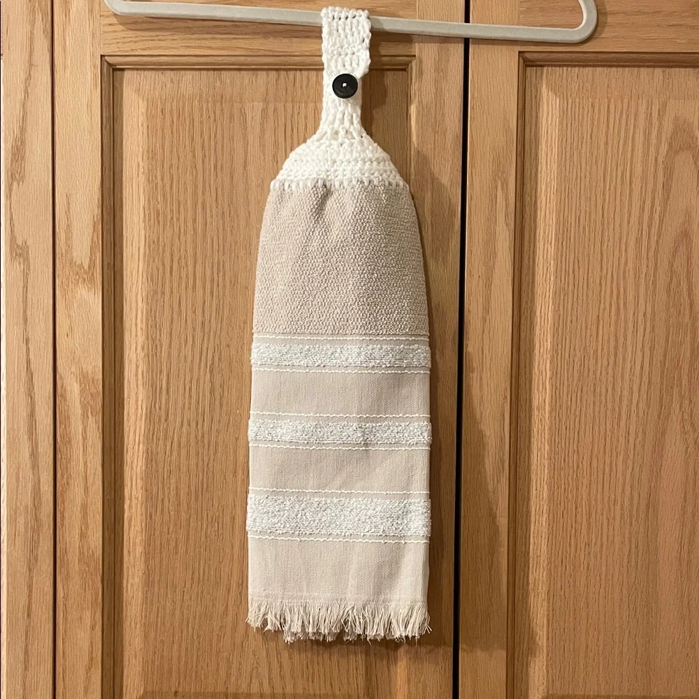 New Hanging Hand Towel Crocheted Top Kitchen Towel Tan Button Closure